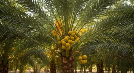 Palm tree with ripe dates growing under sunlight