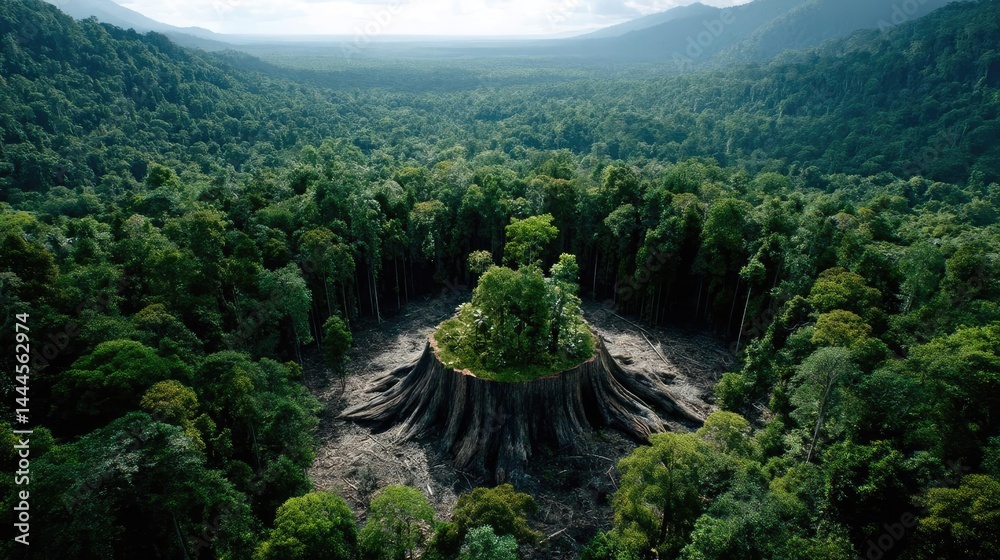 Aufkleber tree stump reflecting deforestation and climate change crisis concept. aerial view of a lush green f