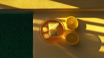 A refreshing iced tea drink with lemon halves and ice cubes