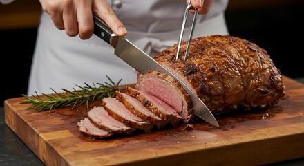 Roasted pork loin being expertly sliced by chef