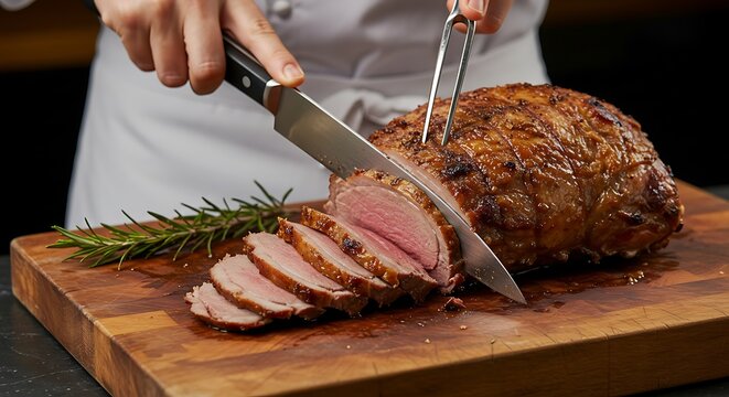 Roasted pork loin being expertly sliced by chef - Powered by Adobe