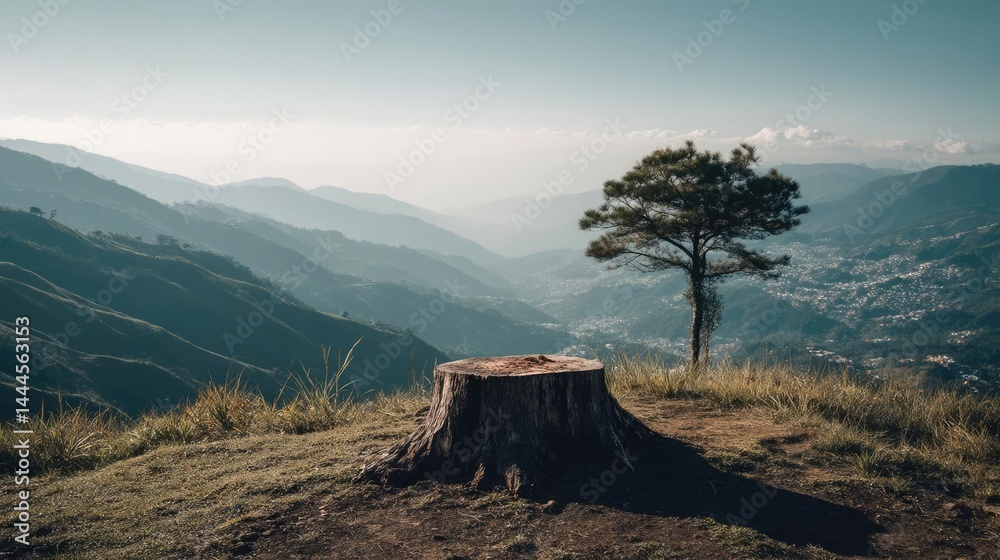 Poster Tree stump representing environmental damage and forest decline concept. A serene view of nature with a lone tree and a tree stump.