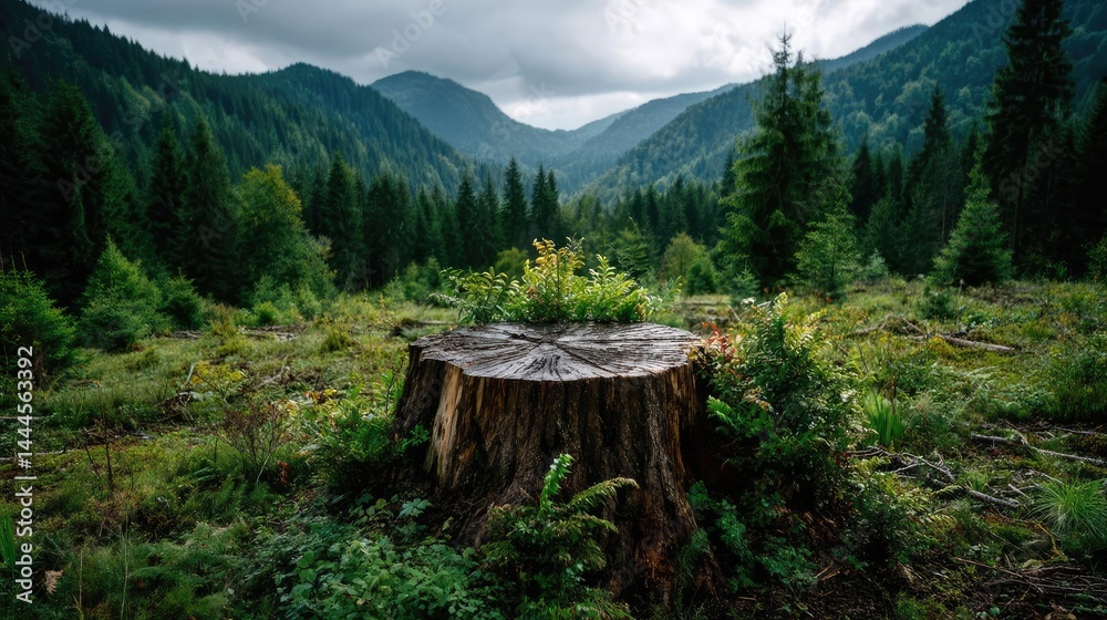 Poster tree stump exposing illegal forest damage and biodiversity loss concept. a serene forest landscape f