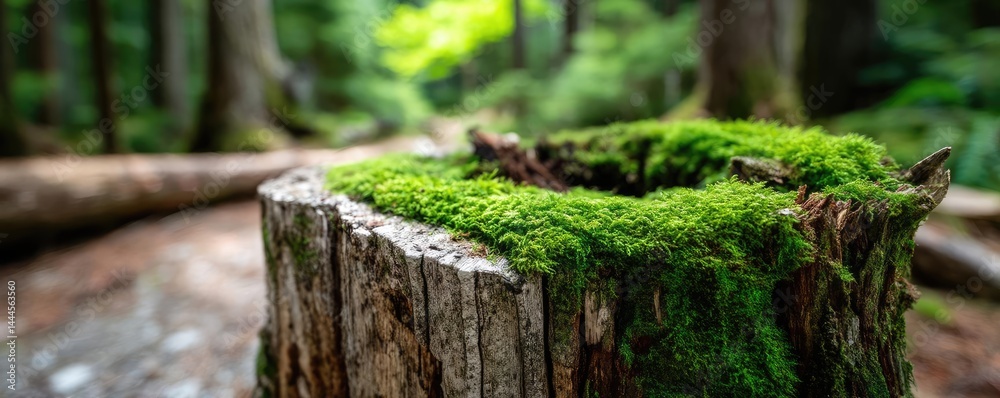 Poster tree stump representing environmental damage and forest decline concept. a mossy tree stump surround