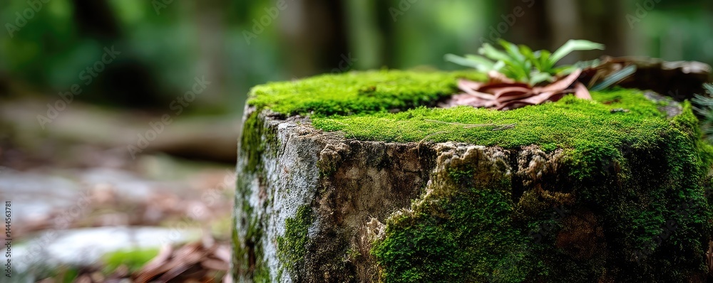 Poster tree stump representing environmental damage and forest decline concept. a lush, green moss-covered 