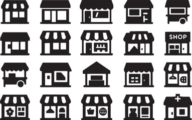 Black silhouette shop and stall icons in flat vector style for retail, business, and commerce use