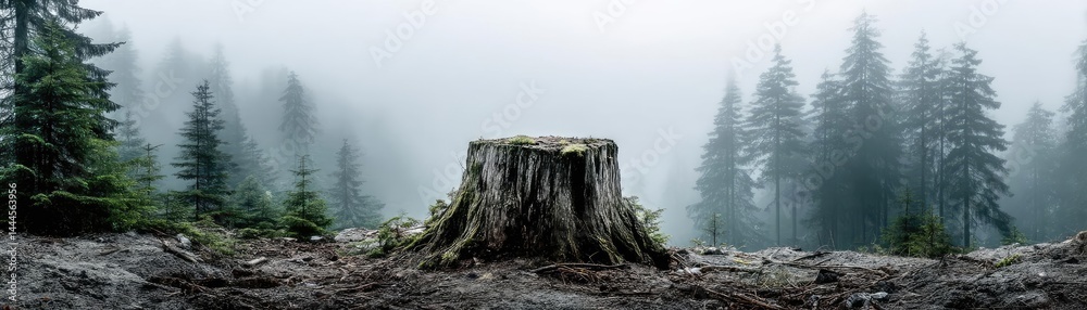 Poster tree stump representing environmental damage and forest decline concept. a foggy landscape with a tr
