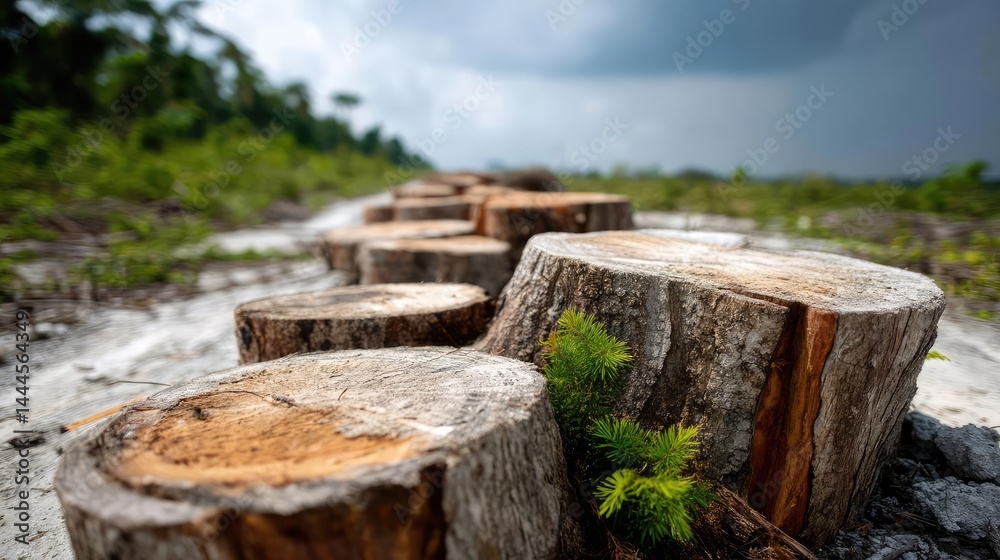 Poster tree stump reflecting deforestation and climate change crisis concept. cut tree stumps with new grow