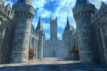 Expansive castle courtyard with towering spires under a clear blue sky, Expansive castle courtyard with towering spires, Seamless ing Photo background