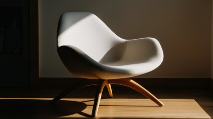 A modern white chair sits in the sunlit room corner