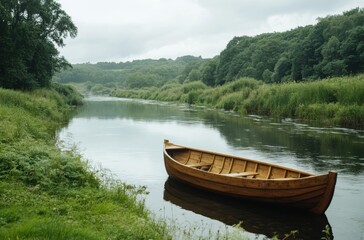 Obraz premium Small wooden boat on peaceful river surrounded by