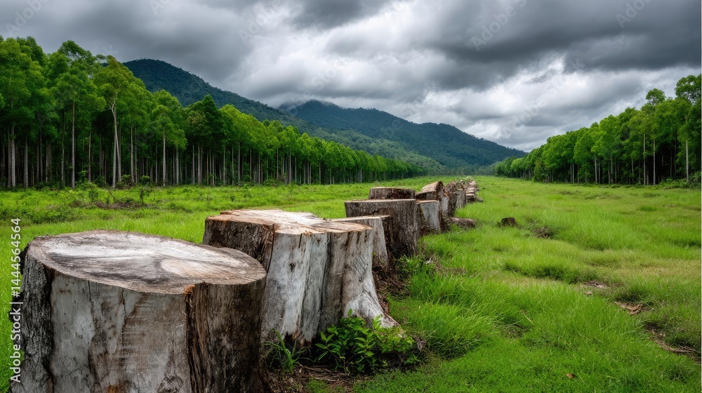 Poster tree stump reflecting deforestation and climate change crisis concept. deforested area with tree stu
