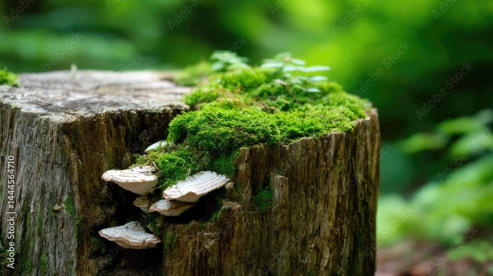 Aufkleber tree stump representing environmental damage and forest decline concept. a close-up of mushrooms and