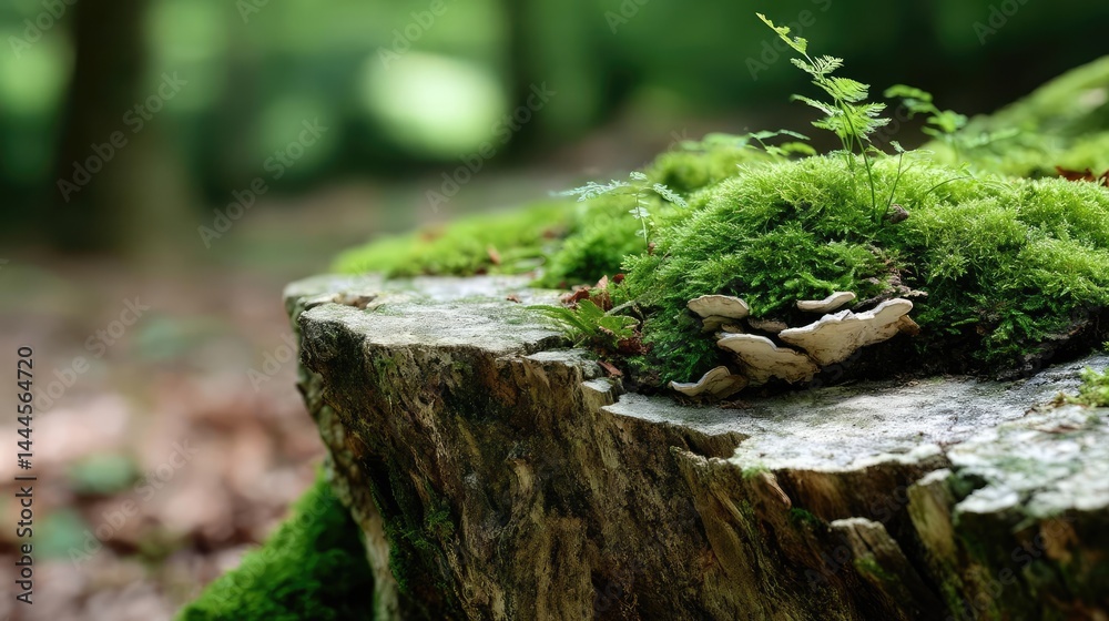 Aufkleber tree stump representing environmental damage and forest decline concept. a close-up of moss-covered 