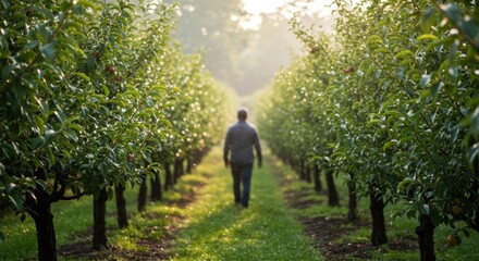 Obraz premium Person walking through orchard landscape with sunlight