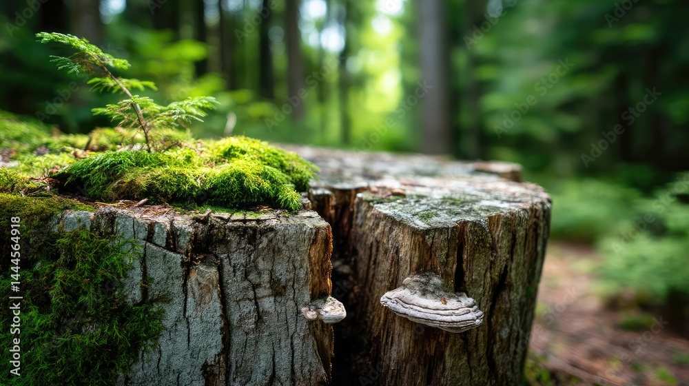 Poster Tree stump representing environmental damage and forest decline concept. Close-up of moss and mushrooms on a weathered tree stump.