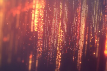 Abstract digital art Vertical lines of glowing text or code  Warm orange and reddish tones  Particles and light effects