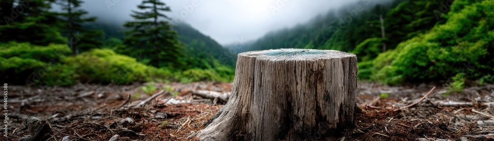 Poster tree stump exposing illegal forest damage and biodiversity loss concept. a serene tree stump surroun