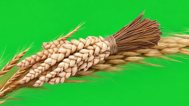 Handcrafted bundle of dried wheat stalks on vibrant green background for agricultural and rustic themes