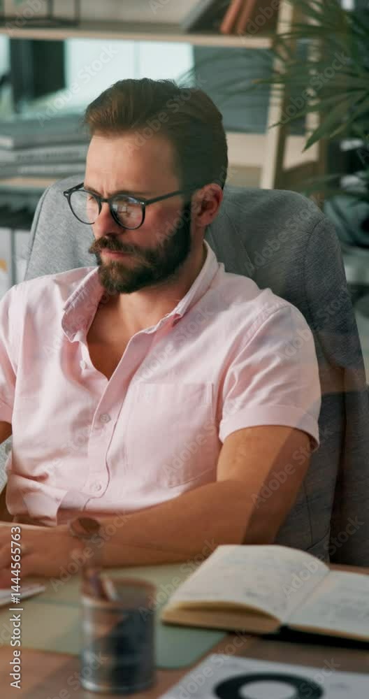 Poster serious, typing and man with glasses, computer and financial analyst with info for project and onlin