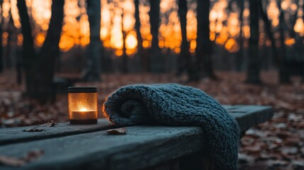 A warm candle and cozy blanket in a forest scene