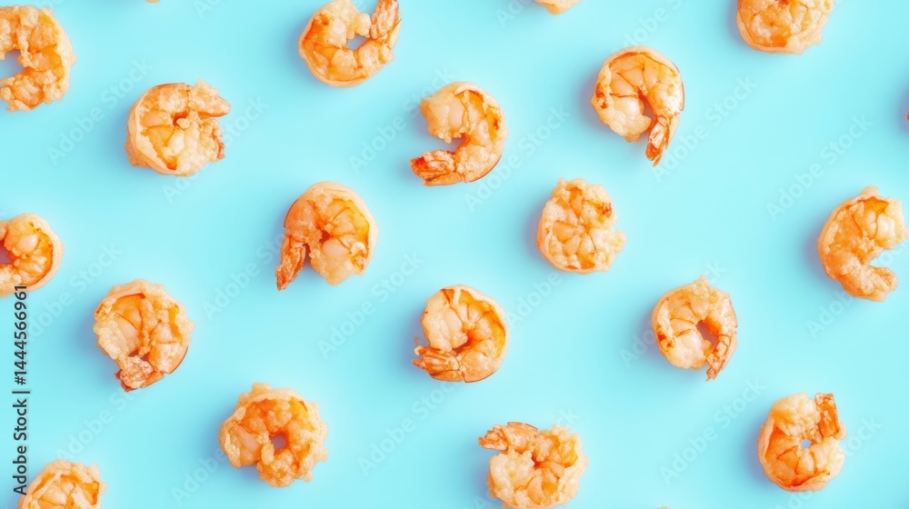 Poster Cooked shrimp arranged in a repeating pattern on a light blue background.