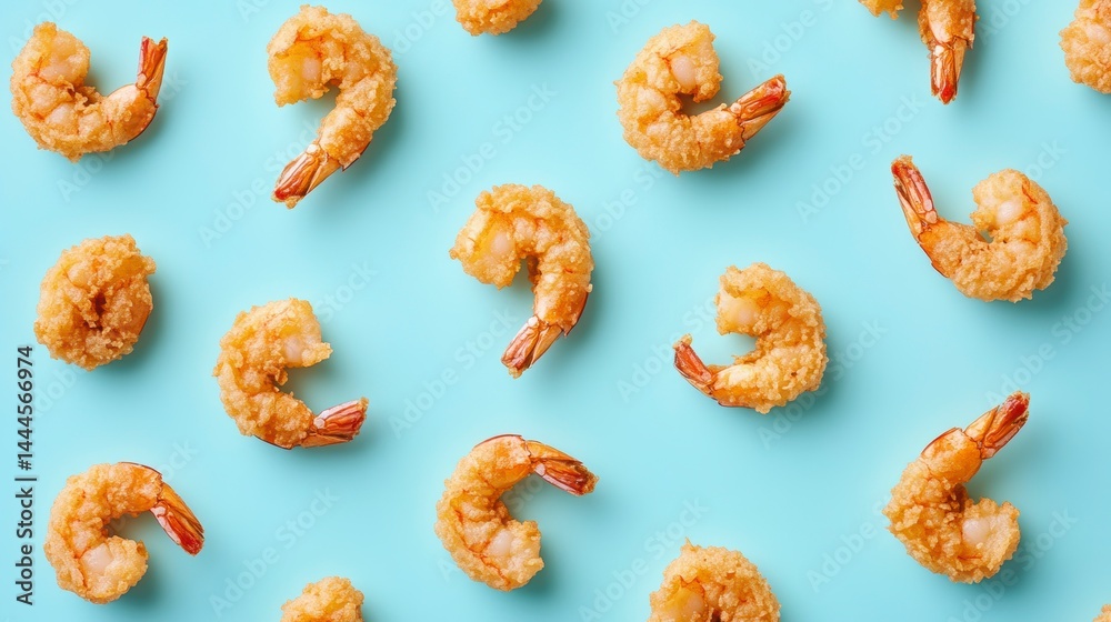 Poster Top view of fried shrimps arranged in a repeating pattern on a light blue background.