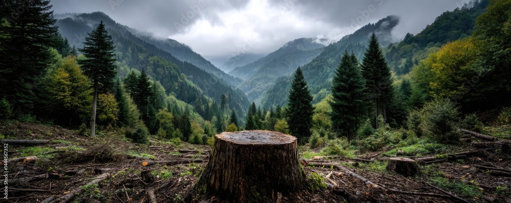 Aufkleber Tree stump exposing illegal forest damage and biodiversity loss concept. A scenic view of a forest with a tree stump in the foreground.