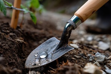 A detailed shot of a shovel resting in rich soil, with droplets of water showcasing the beauty of gardening, highlighting the bond between humans and nature.