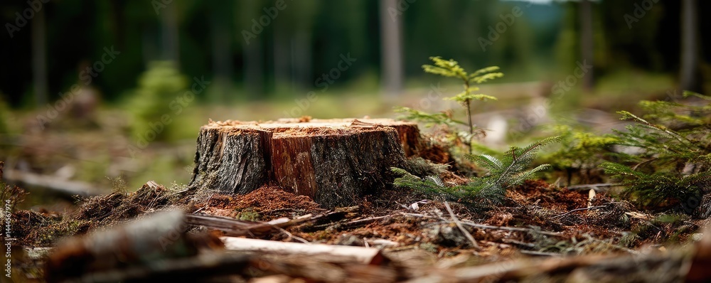 Poster Tree stump exposing illegal forest damage and biodiversity loss concept. A close-up view of a tree stump surrounded by lush greenery.