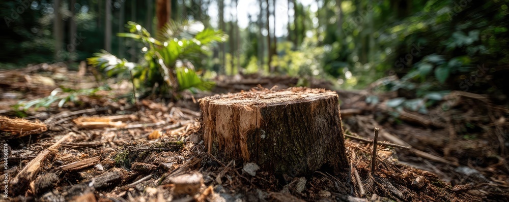 Poster tree stump exposing illegal forest damage and biodiversity loss concept. a close-up of a tree stump 
