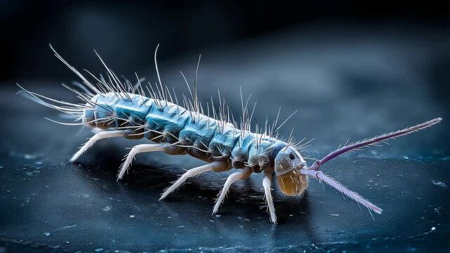 Detailed macro photo of a slender springtail crawling across a dark, slightly wet surface showing intricate details of its exoskeleton and antennae