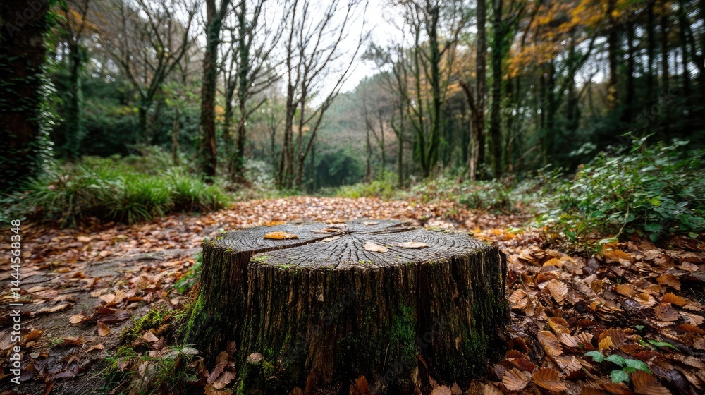 Poster tree stump representing environmental damage and forest decline concept. a serene forest scene with 