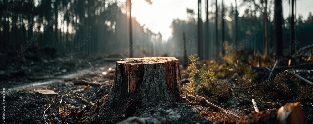 Poster tree stump exposing illegal forest damage and biodiversity loss concept. a tranquil forest scene fea