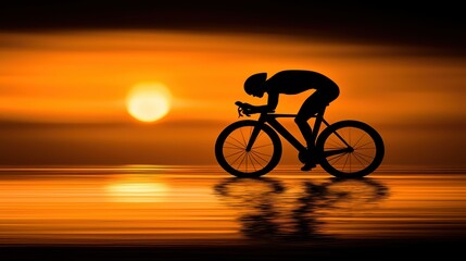 Obraz premium Silhouette of a cyclist riding a bicycle at sunset on water