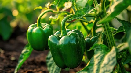 Fresh Green Bell Peppers Growing in a Sunlit Garden