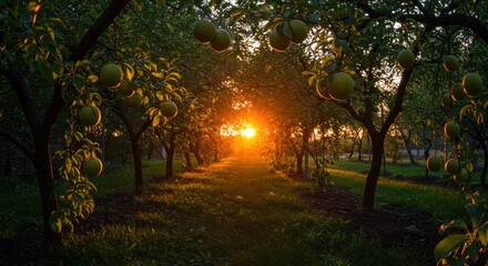 Sunlit path through a grove of trees with warm sunlight and natural scenery