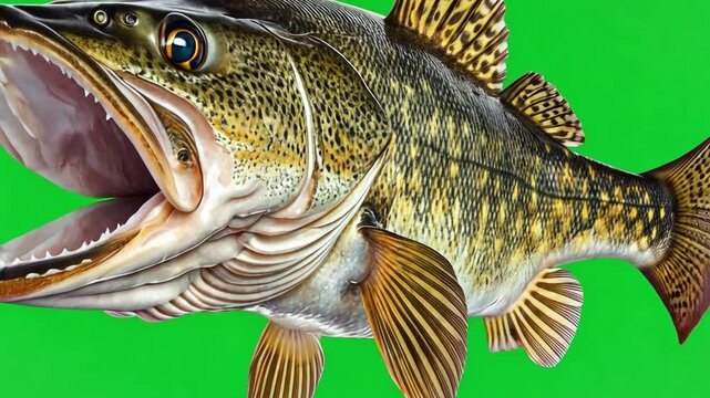 Realistic Illustration of a Large Mouth Bass Fish with Open Mouth on a Bright Green Background