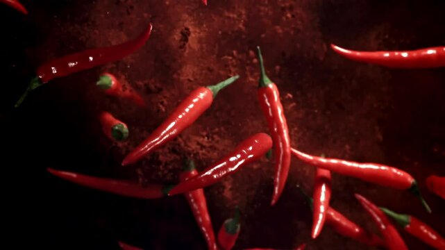 Red chili peppers fly up and fall down. Filmed on a high-speed camera at 1000 fps. High quality FullHD footage