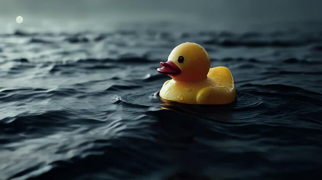 Rubber duck drifts alone in the middle of the ocean