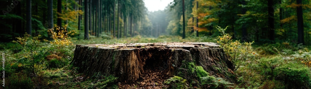 Aufkleber tree stump exposing illegal forest damage and biodiversity loss concept. a serene view of a tree stu