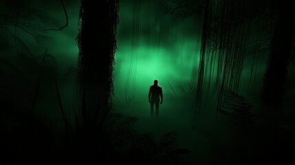 A lone figure stands illuminated in a green forest clearing