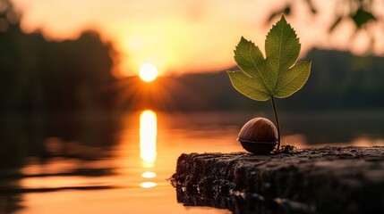 A single leaf sprouts from a seed during a golden sunset