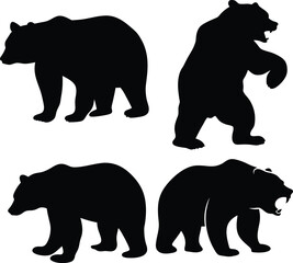 Black bear silhouettes in four poses including standing, walking, and roaring – minimalist wildlife vector illustration with bold contrasts and clean lines – high quality clipart design

