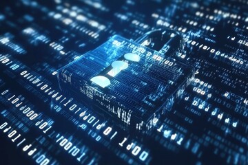 Digital padlock on a background of binary code  Intricate 3D padlock graphic, overlaid with glowing binary data, showcasing cybersecurity, encrypted data, and digital protection