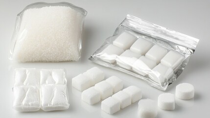 Sugar Packaging in Various Materials on White Background