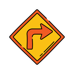 Turn Right Sign Handdrawn style, yellow road sign with arrow, represents road direction turns suitable for traffic graphics and street navigation visuals