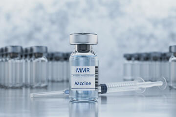 Medicine and healthcare concept. Syringe with MMR vaccine ampoules on a metal table. Vaccination against measles, mumps and rubella. Vials with doses of measles, mumps and rubella vaccine. 3d render.