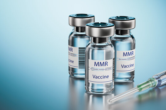 Syringe with MMR vaccine ampoules on a metal table. Medicine and healthcare concept. Vaccination against measles, mumps and rubella. Vials with doses of measles, mumps and rubella vaccine. 3d render.