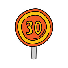 Speed Limit Sign Handdrawn style, round orange 30 sign, represents road speed restriction suitable for traffic rules and vehicle safety graphics